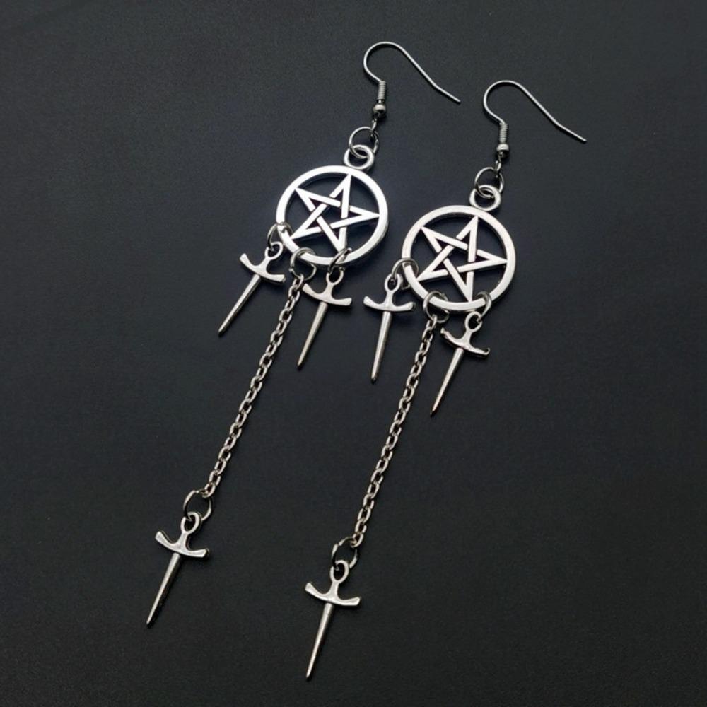 Personality Gothic Sliver Color Five-pointed Star Sword Dagger Tassels Dangle Earrings for Women Hallowmas Party Jewelry Gifts