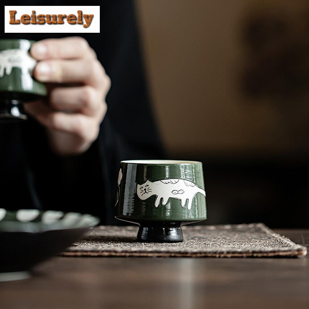 2pc/set Japanese Powder Yin Olive Green Teacup Handpainted Cat Jade Standing Cup Small Single Master Cup Mug Kung Fu Teaset 60ml