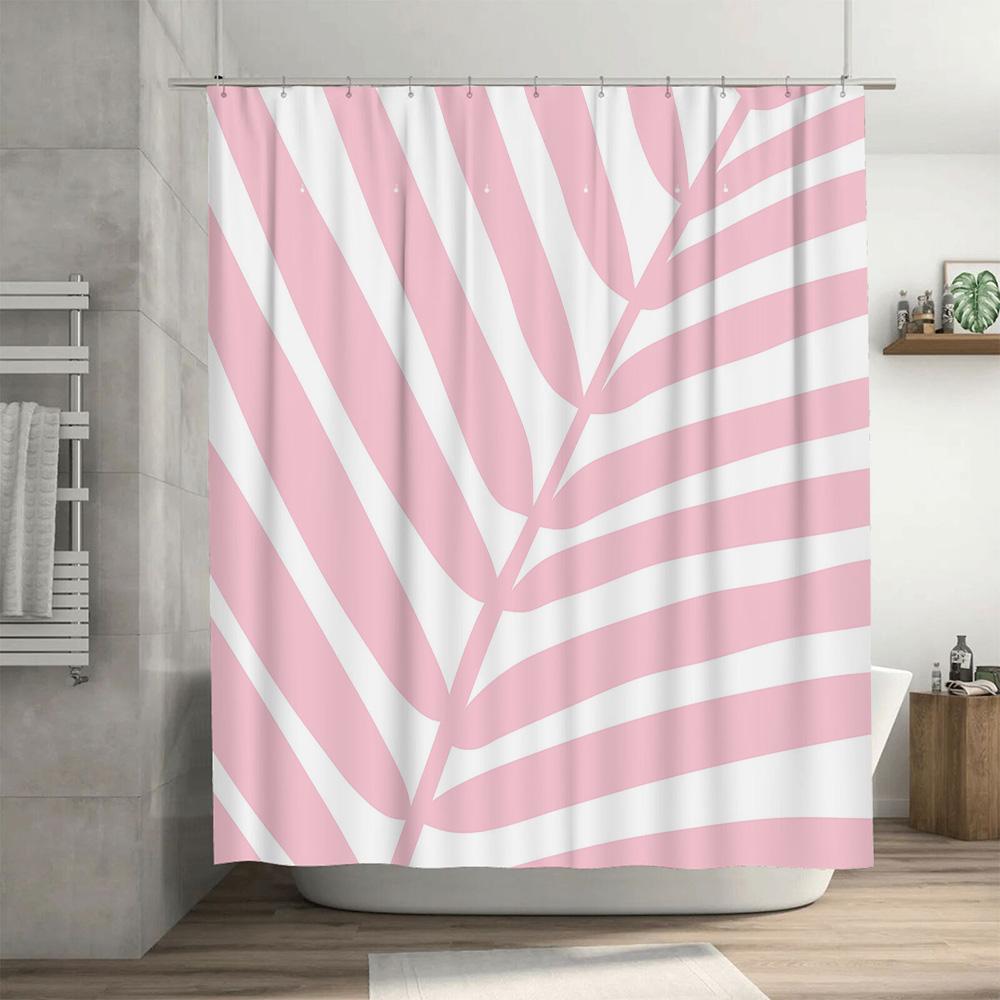 Leaf Striped Shower Curtain Waterproof Bathroom Decor Soft Fabric Shower Panels for Kids Bathrooms Light Pink White