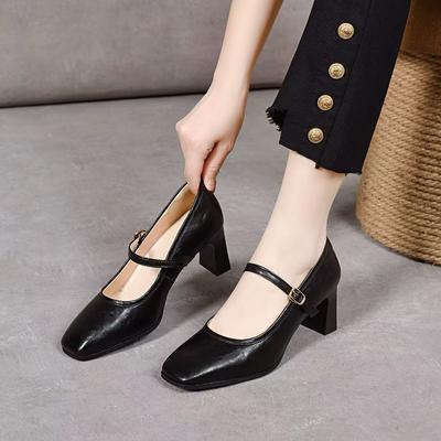 High Heels Women's 2025 Spring New Square Head Mary Jane Shoes One-word Buckle Light Mouth Fashion Shoes Thick Heel French Single Shoes