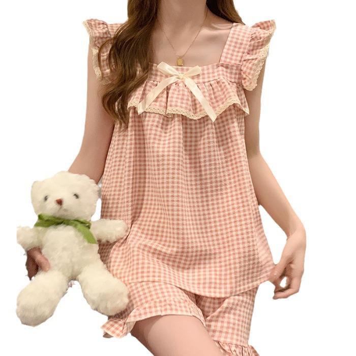 Women's Bubble Wrinkle Summer Plaid Pajama Set with Fixed Chest Pads - Sweet & Cute Homewear Suitable for Outdoor Wear