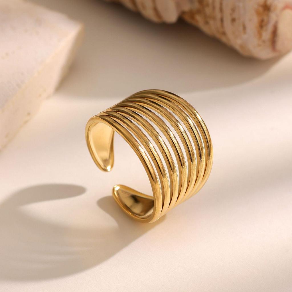 Women's Gold French Retro Stainless Steel Open Ring - Fade-Resistant, Multi-Layered Titanium Design