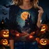 Women’s Casual Halloween Print Crew Neck Three Quarter Sleeve Tee Shirt Top with and Pumpkin Design for Autumn
