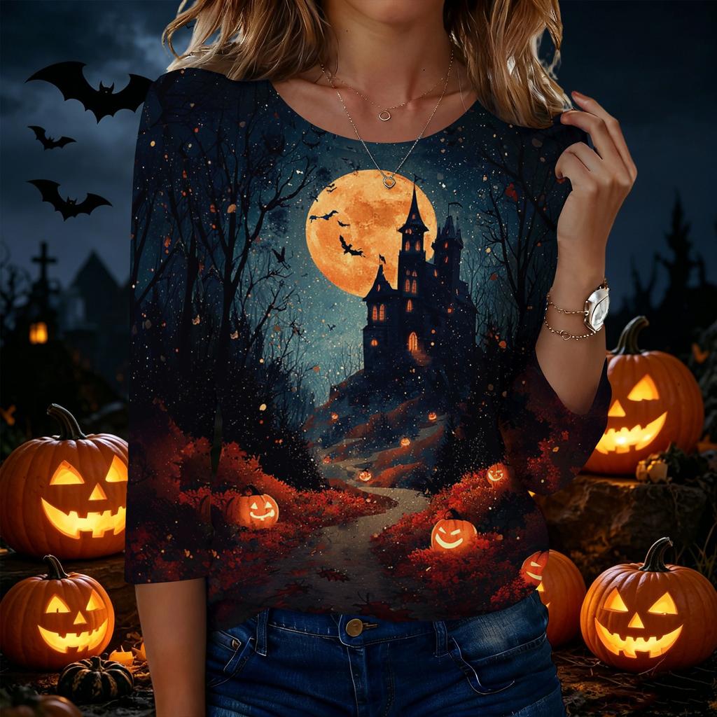 Women’s Casual Halloween Print Crew Neck Three Quarter Sleeve Tee Shirt Top with and Pumpkin Design for Autumn