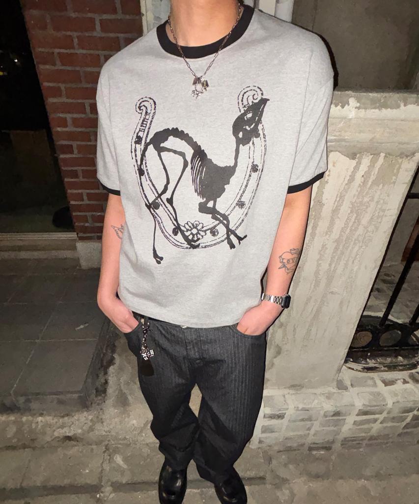 Nodi Lucky Dead Horse Ringer Crop Tee Melange Gray