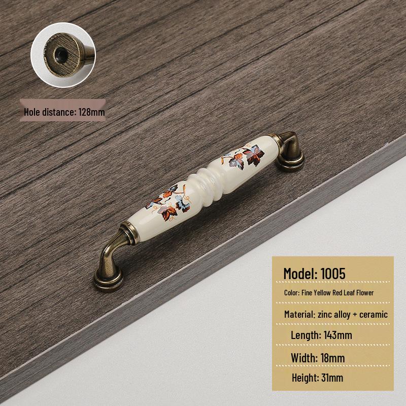 Starožitná hnědá červená a zelená listová keramická venkovská úchytka zásuvky skříňky