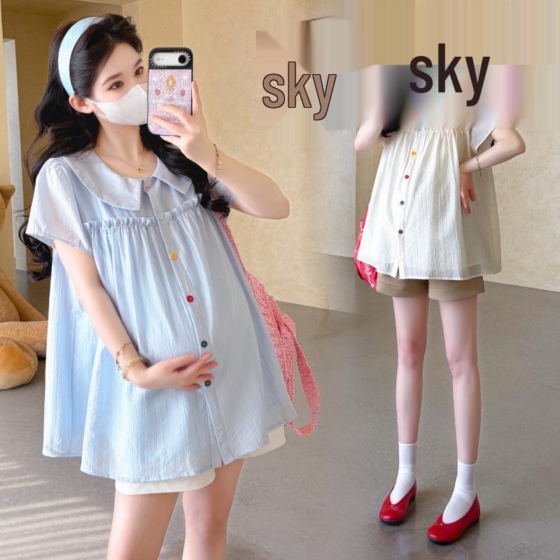 Korean-Style Petite Maternity Summer Set with Ruffle Doll Top & Belly Support Shorts