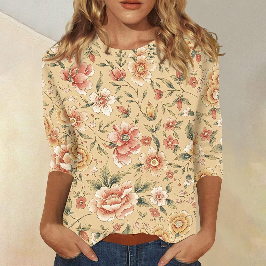 Women's Casual Floral Print Three Quarter Sleeve Top Round Neck Lightweight Blouse for Daily Wear and Comfortable Fit