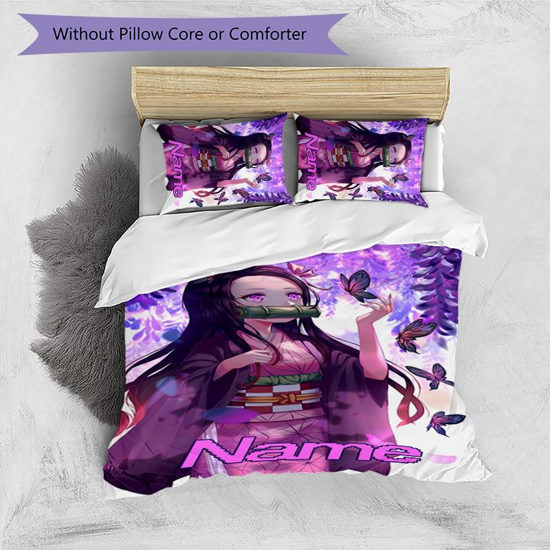 3pcs Custom Name Demon Slayer Nezuko Bedding Set Duvet Cover Closure Includes 1 Duvet Cover & 2 Pillowcases for All Seasons Bedroom Decor