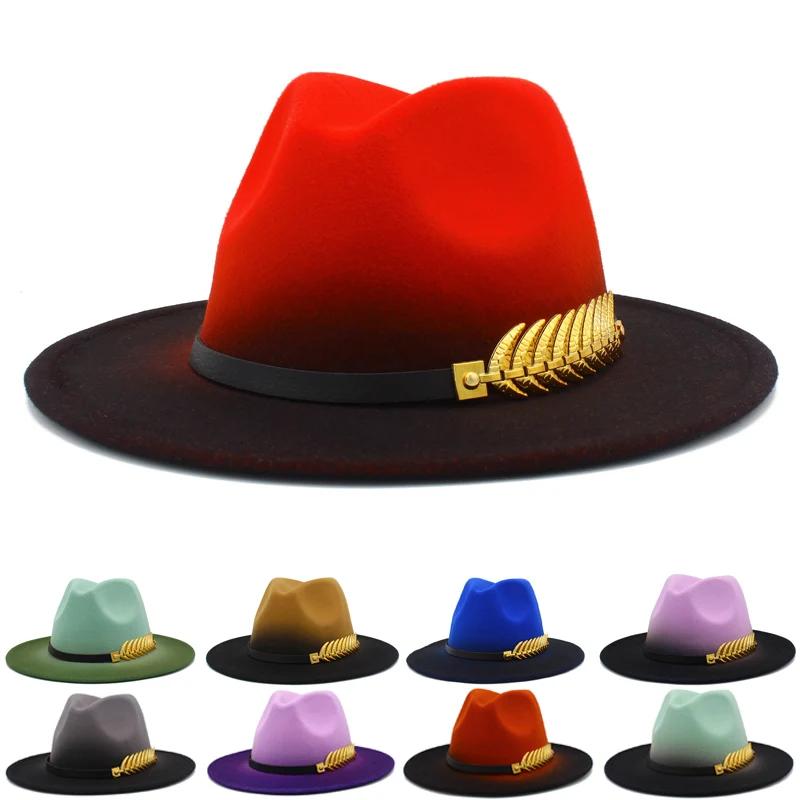 Gradient Color Fedora Hat for Women Men Wide Brim Felt Bowler Hat Luxury Casual Leather Belt Fedoras Chapeau
