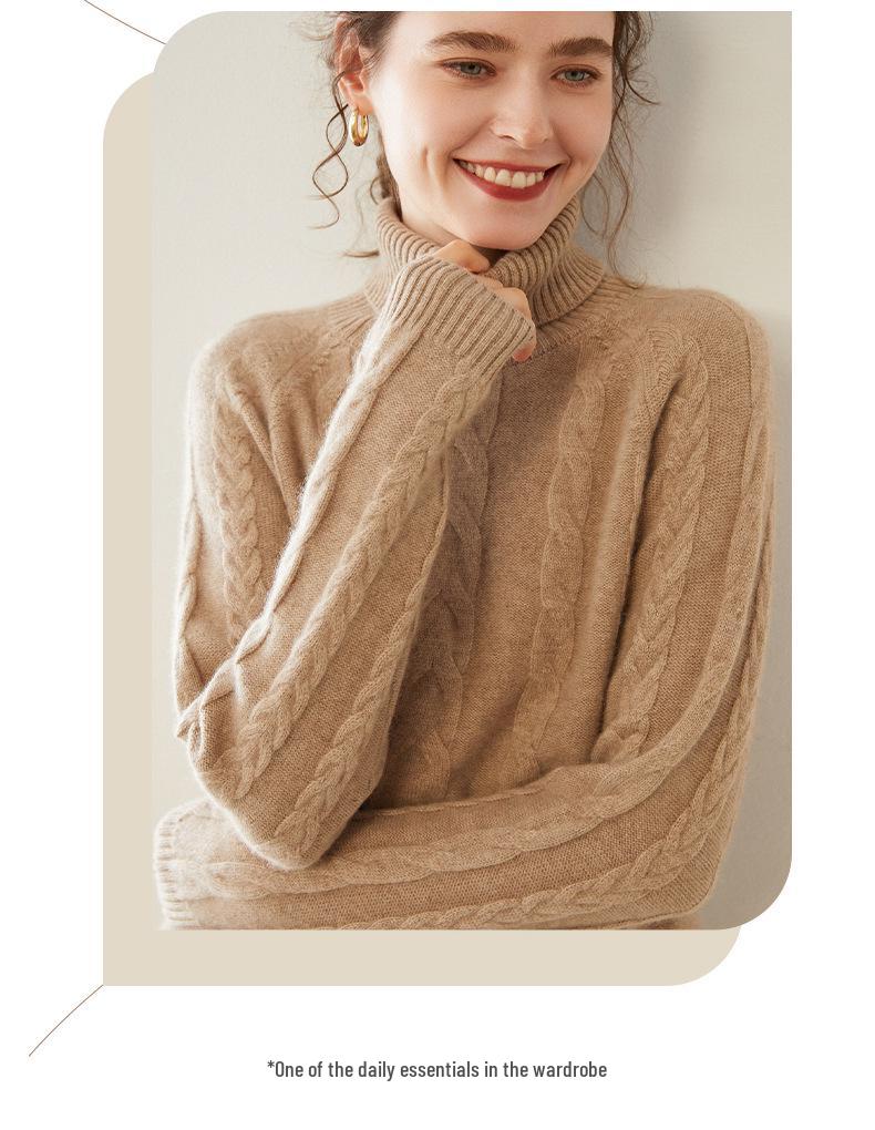 Women's Double-Strand Thick Cable Knit Cashmere Sweater - Long-Sleeved, Mid-Length, Autumn/Winter High-End Base Shirt