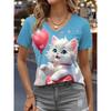 Summer Fashion Trend Casual Animal Cat Pattern Printed Short Sleeved V-neck Women's T-shirts