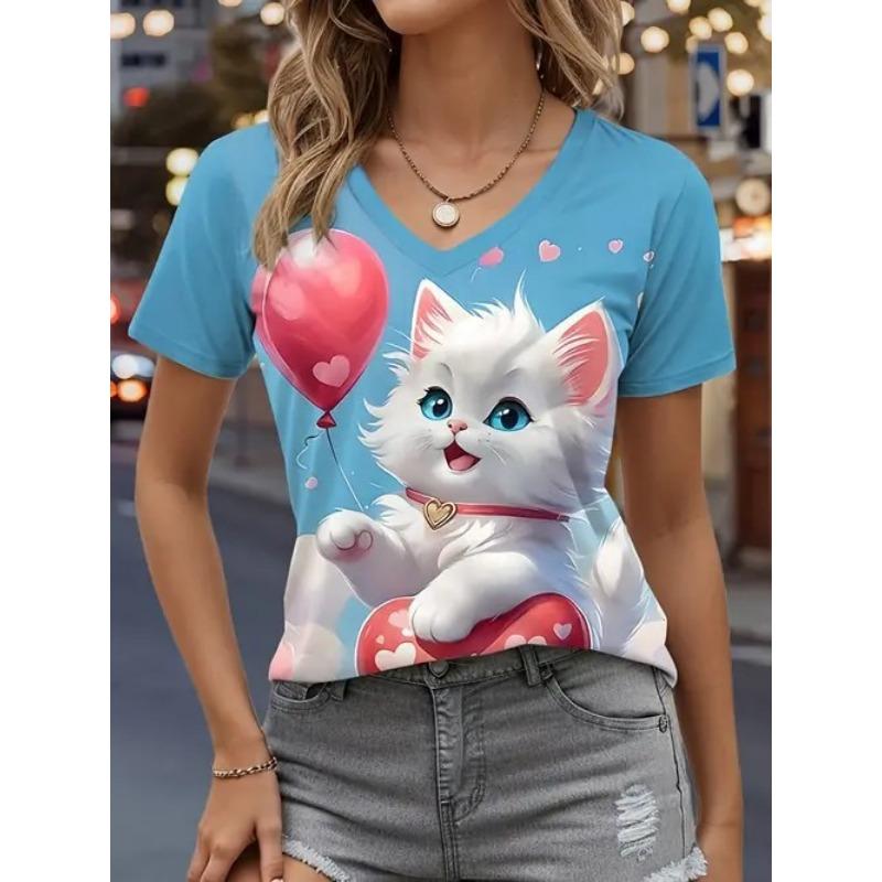 Summer Fashion Trend Casual Animal Cat Pattern Printed Short Sleeved V-neck Women's T-shirts