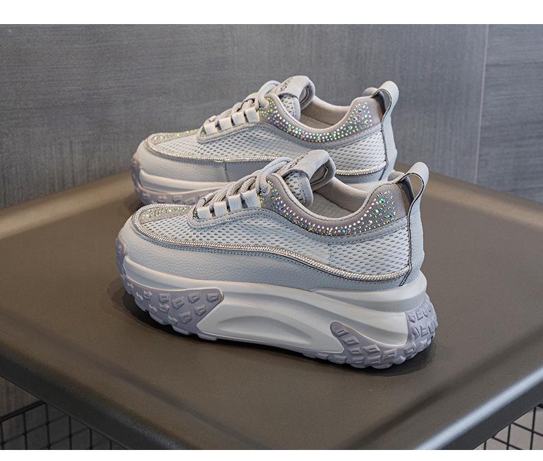 Breathable Mesh Rhinestone Thick-Soled White Dad Sneakers for Women