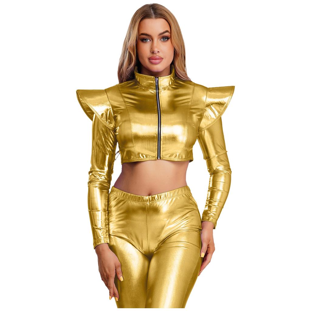 S-3XL Women Iridescent Metallic Crop Jacket Long Sleeve Structured Shoulder Boards Stand Collar Front Zipper for Club Raves Party