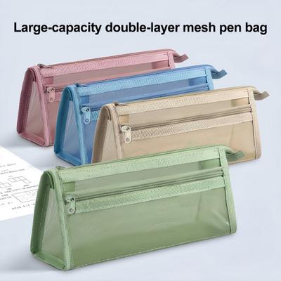 Estuche de Lápices de Malla Estuche de Maquillaje Compacto para Viaje Gran Capacidad Bolsa de Papelería Portátil Organizador de Nailon Transparente para Exámenes Escolares