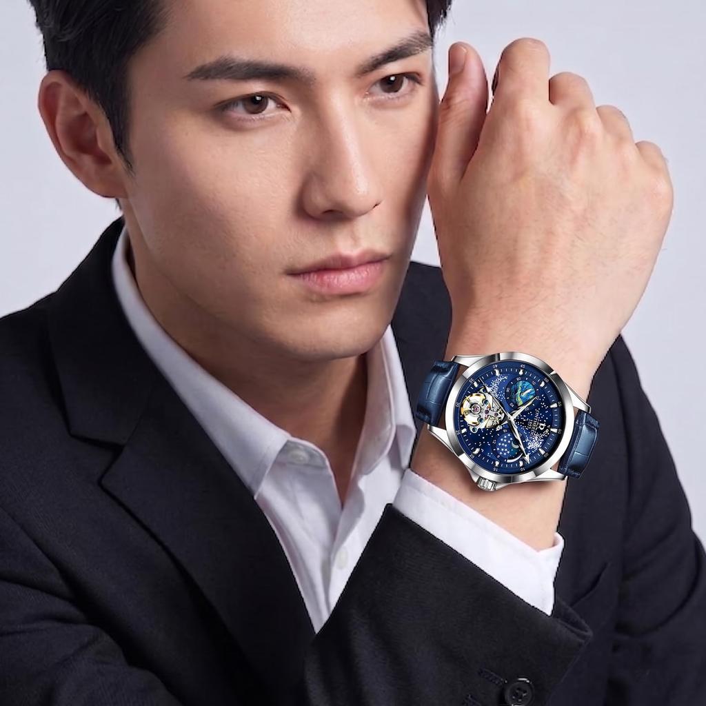 Automatic Skeleton Mechanical Starry Sky Men's Watch, Waterproof, Luminous, Stylish, Dial.