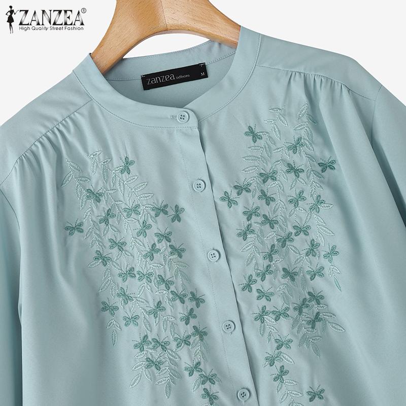 ZANZEA Women Casual Round Neck 3/4 Sleeve Loose Embroidery Print Blouse