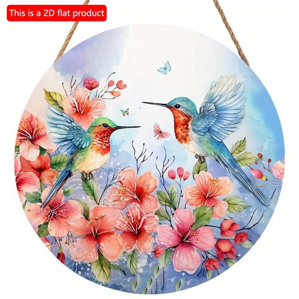 1pc 2d Flat Bolisom Welcomes Spring Summer Flowers Hummingbird Pygmy Lavender Round Wooden Sign - 20cm for Farmhouse Home Wall Decor