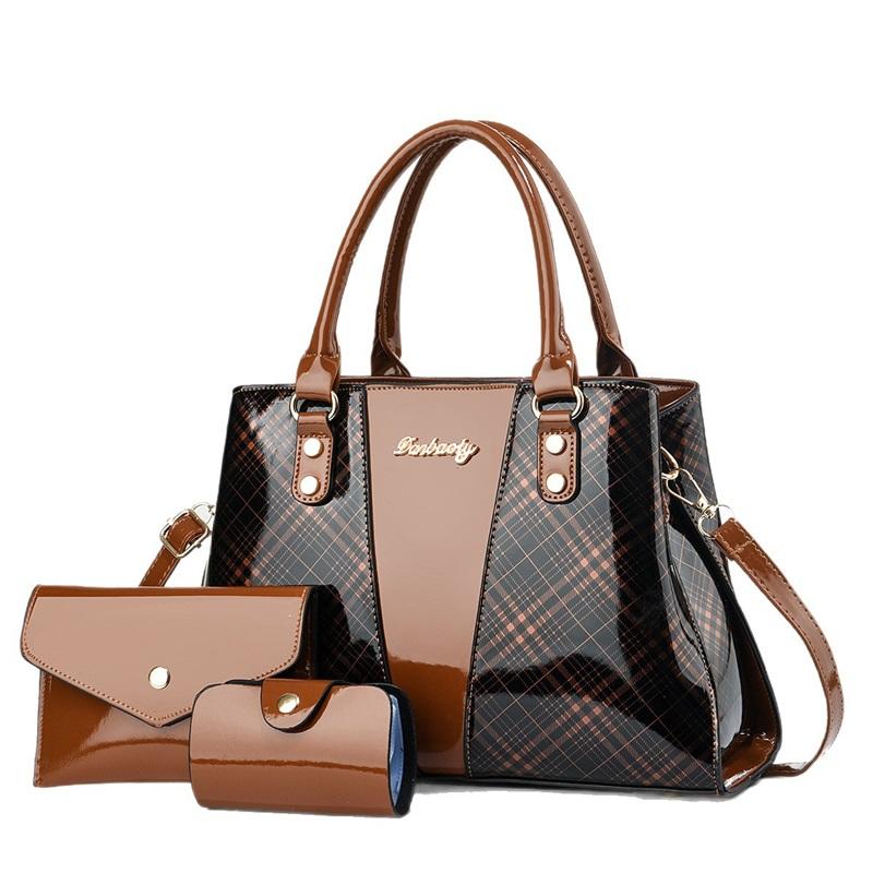 New Fashion Glossy Patent Leather Women Tote Bag 3 Pieces Set Versatile Single Shoulder Crossbody Daily Handbag
