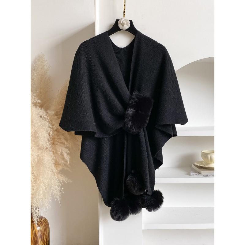 2026 Knit Cape Shawl With Pom Poms Long Cardigan Wrap Coat Women