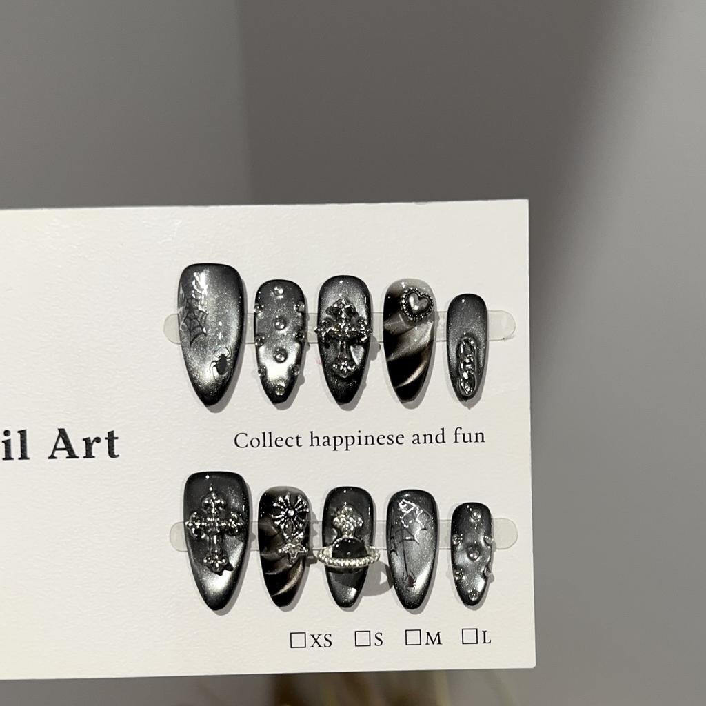 False Nails, Handmade Nail Tips, High-end Dark Silver Cat-eye Nail Art, European and American Punk Style False Nail Stickers.