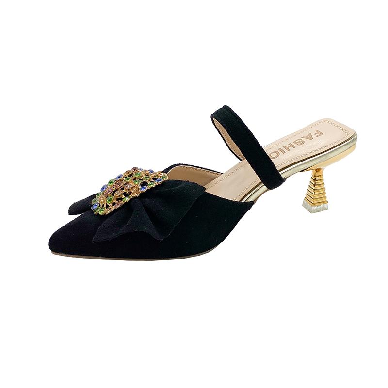 Fashion 2025 Summer Outdoor Women’s Closed Toe Slippers Crystal Bow Tie Pointed Toe Thin Heels Sandals for Fashion Daily Dress Slippers