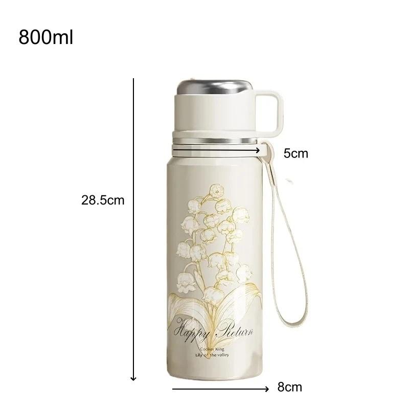 COOKER KING Thermos Wasser 600ml/800ml Flasche Blumenmuster Teetasse Edelstahl Isolierbecher mit Teesieb Teebereiter
