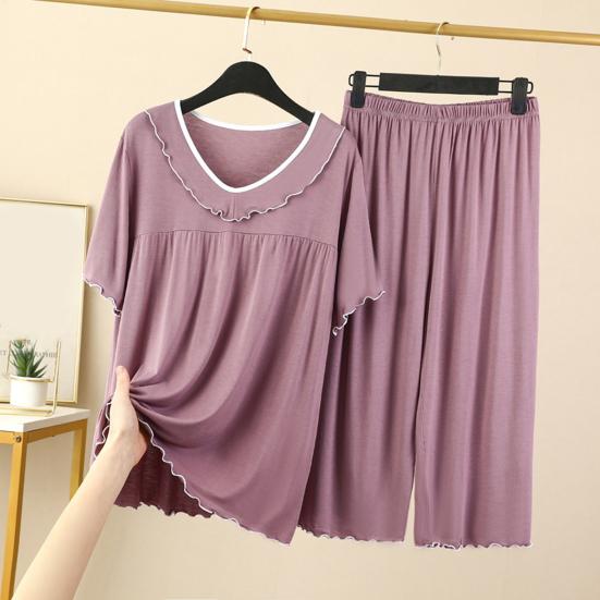 Women's Two Piece Pajamas Set Crew Neck Short Sleeve Shirts Matching Wide Leg