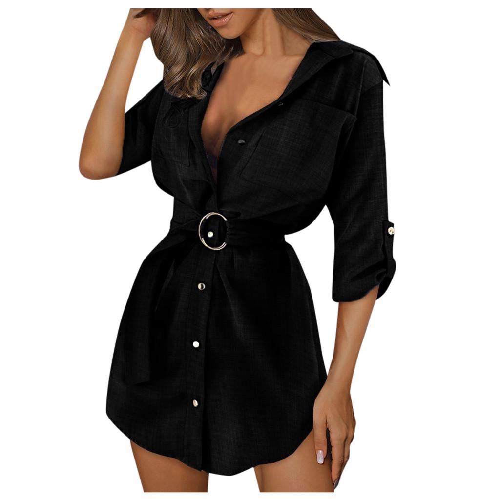 Nicki Damen Autum Langarm-Minikleid, OL-Gürtel, Arbeit, einfarbig, Hemd, Bluse, Tops