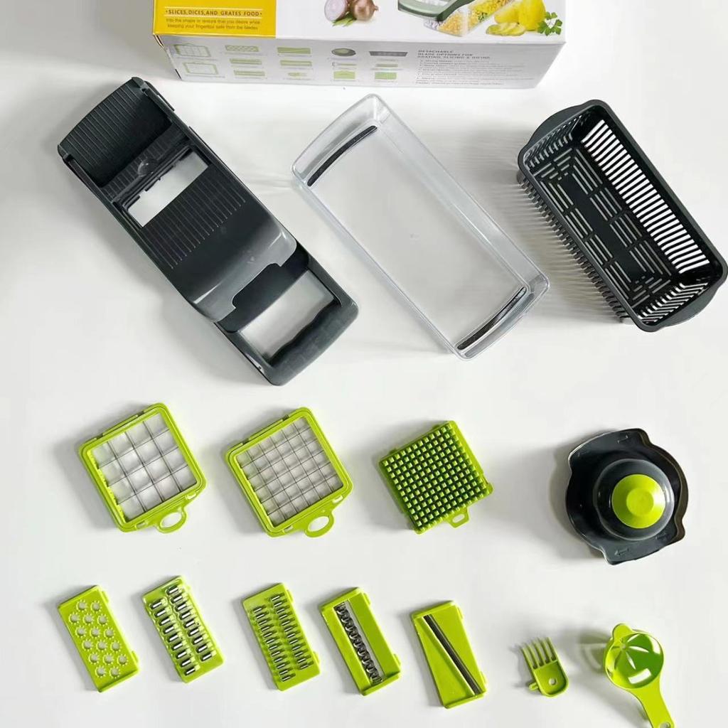Multifunksjonell grønnsakshakker tomat gulrot rivjern løkstrimler agurkskiver, eggsil Drenskurv Kjøkkenverktøy