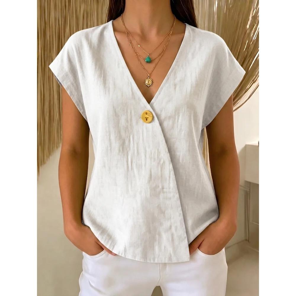 Women's V Neck Cap Sleeve Blouse Regular Fit Single Button Wrap Front Solid Linen Casual Top