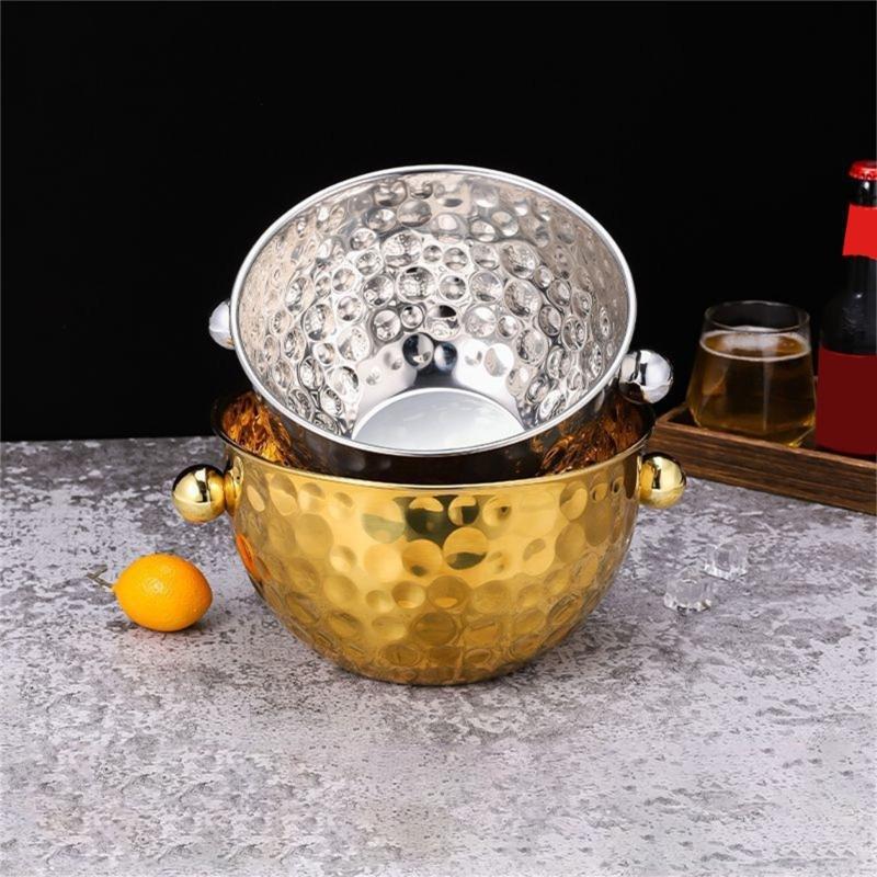 2PCS 304 Nonrust Steel Ice Buckets Set With Textured Hammered Finish And Ergonomic Handle Gift Ice Container Set