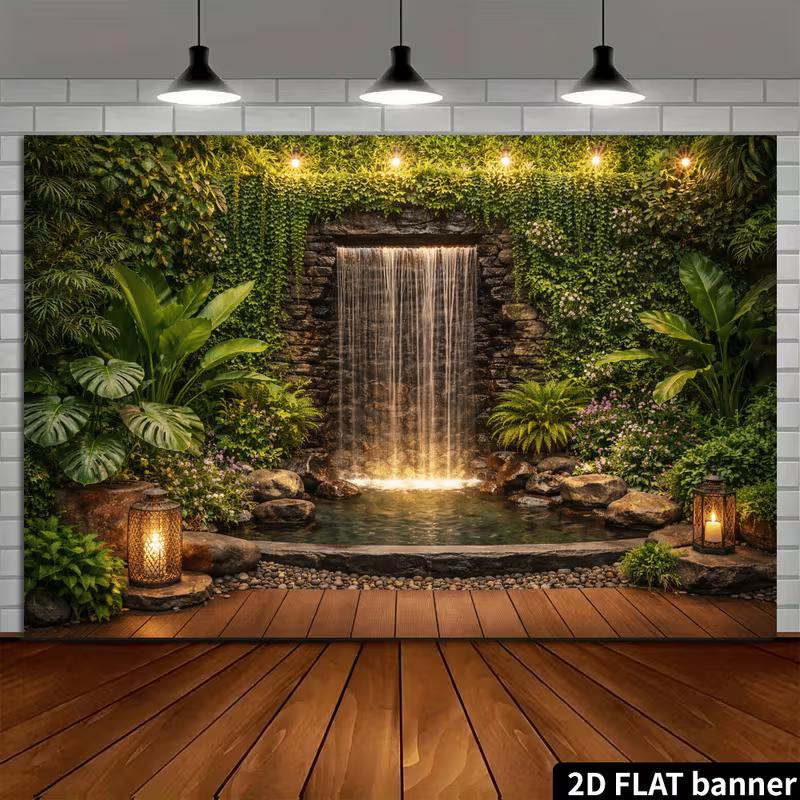 2D Vintage Lantern Stone Waterfall Jungle Photography Background Cloth