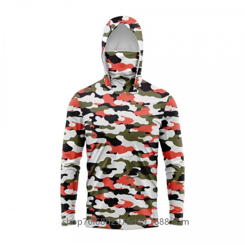 Mens Quick-Dry Ice Silk Long Sleeve Fishing Shirt With Hood Integrated Face Cover UV Protection Outdoor Sunproof Apparel