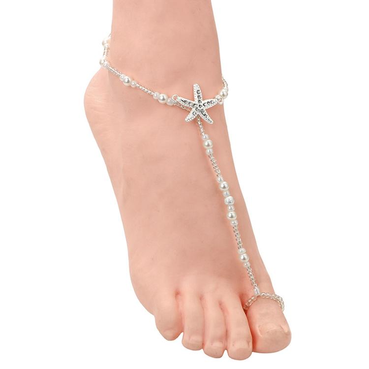 Boho Crystal Anklet Silver Plated White Starfish Ankle Chains Beach Pearl Barefoot Sandals Ankle Bracelet Summer Foot Chain Gift