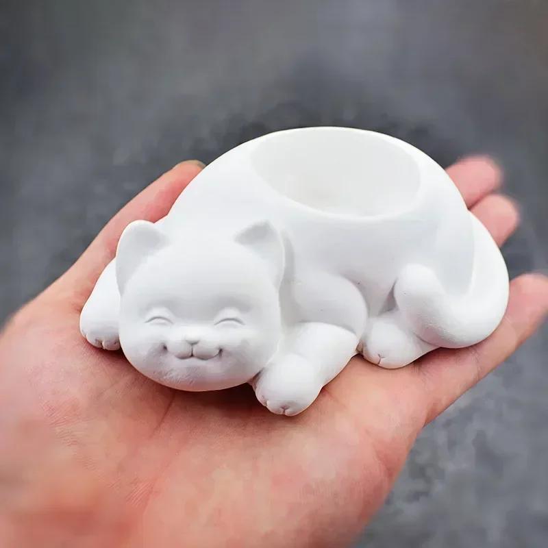 Cartoon Cat Succulent Flowerpot Mold Home Cat Plaster Ornament Storage Tray Mold Creative Bonsai Decor Mold Baking Candy Mold