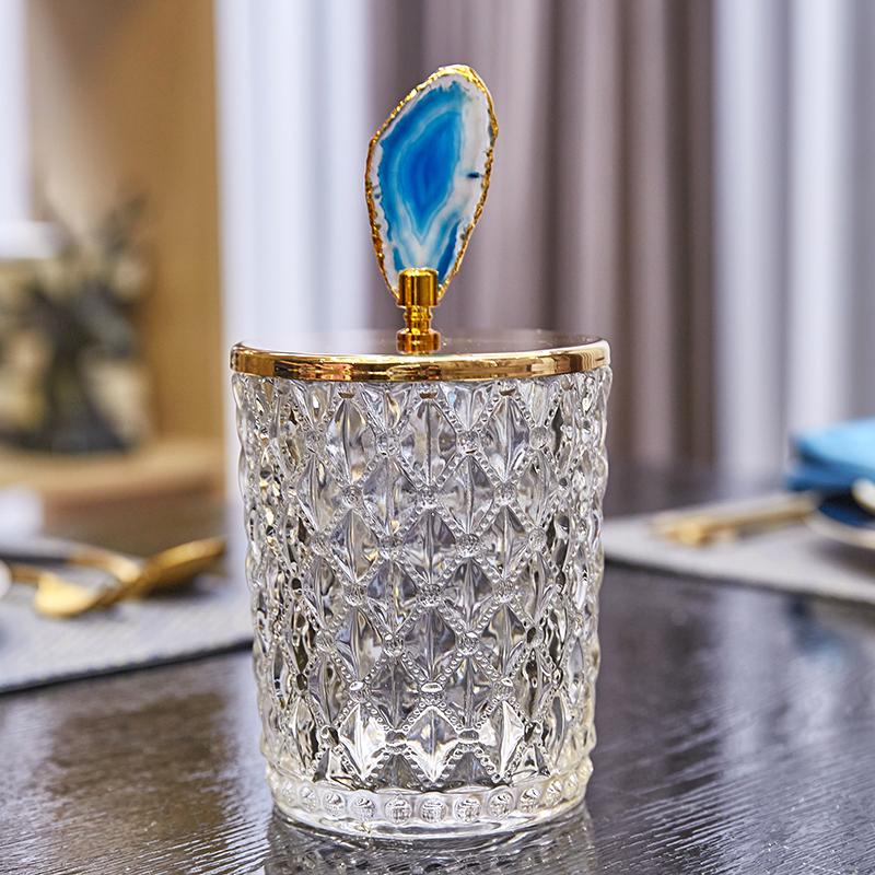 Glass Storage Jars Relief Tea Canister Candy Pot Natural Agate Stone Decorative Crystal Storage Jar with Cover Spice Organizer