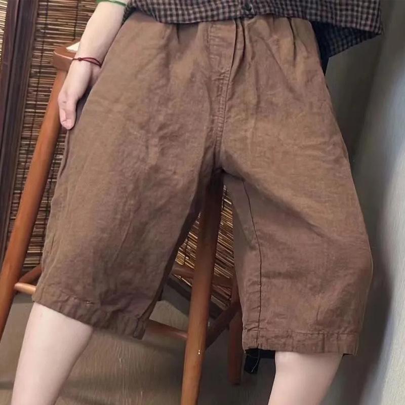 Pantalones cortos de lino y algodón de cintura alta para mujer - Verano Casual Color sólido Pierna ancha Pantalones de cinco puntos