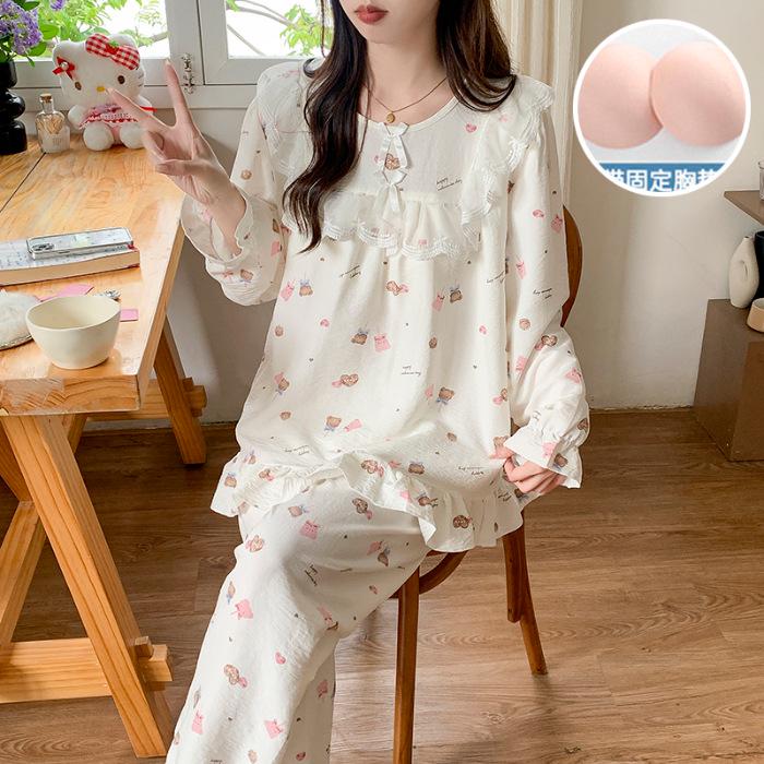 Women's Princess Style Cotton Pajama Set with Padded Bust - Lace Trim Long Sleeve for Spring/Autumn