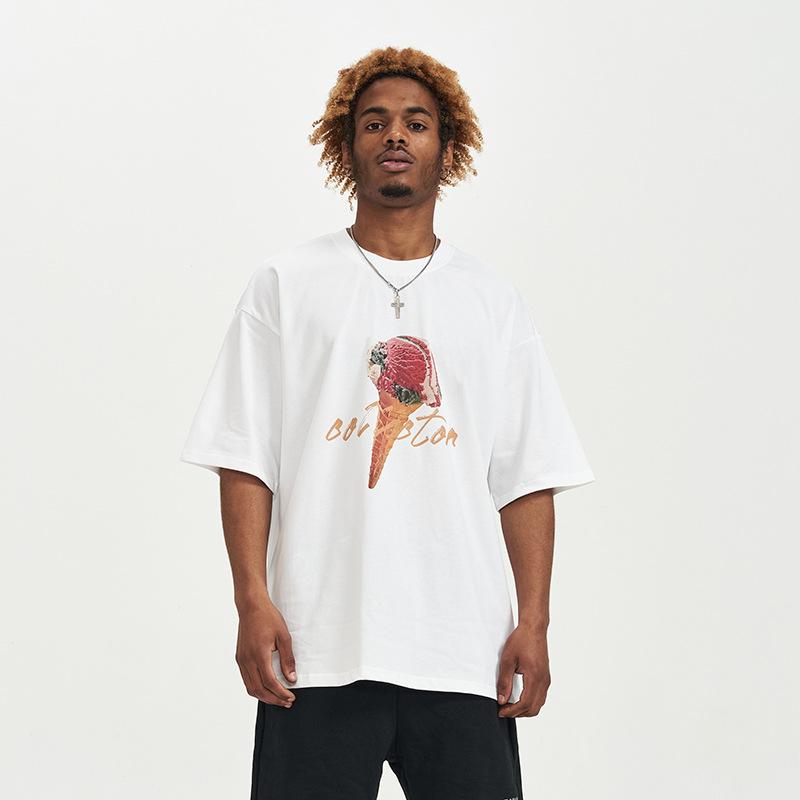New Summer Pure Cotton Round Neck Men's Cartoon Ice Cream Harajuku Short-sleeved T-shirt Chinese Style Loose