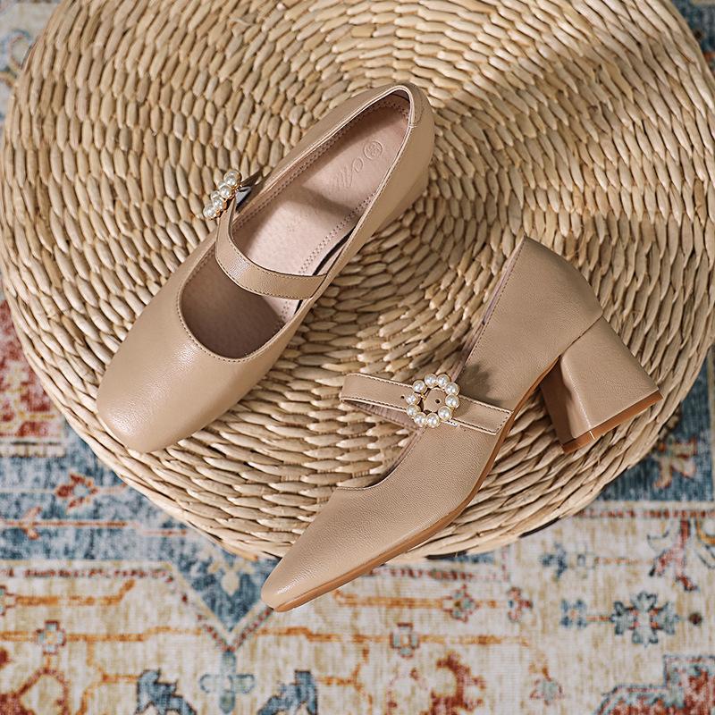 Pearl single shoes women's spring gentle high school thick heel retro shallow mouth Mary Jane