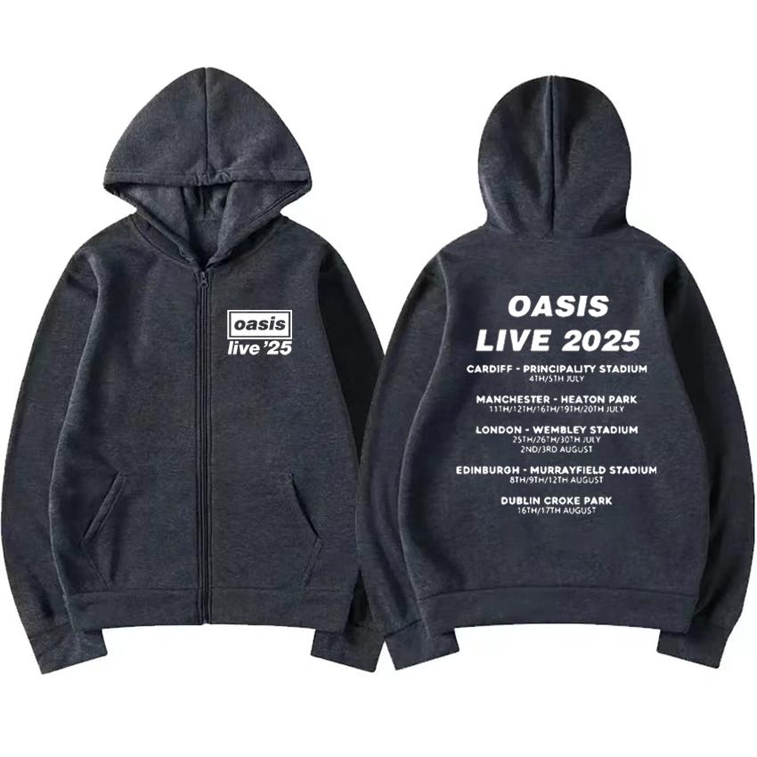 OASIS Live 25 Tour Vintage Hoodie Herren Damen Fleece Harajuku Mantel Reißverschlussjacke Herbst Winter Mode Sweatshirts