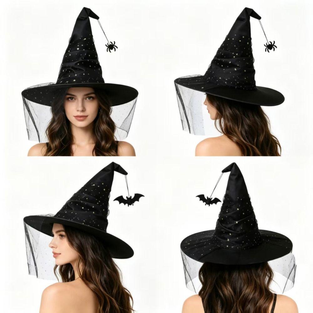 Mesh Yarn Cover Halloween Witch Hat With Veil Cosplay Accessories Pointed Mage Hat Masquerade Ball