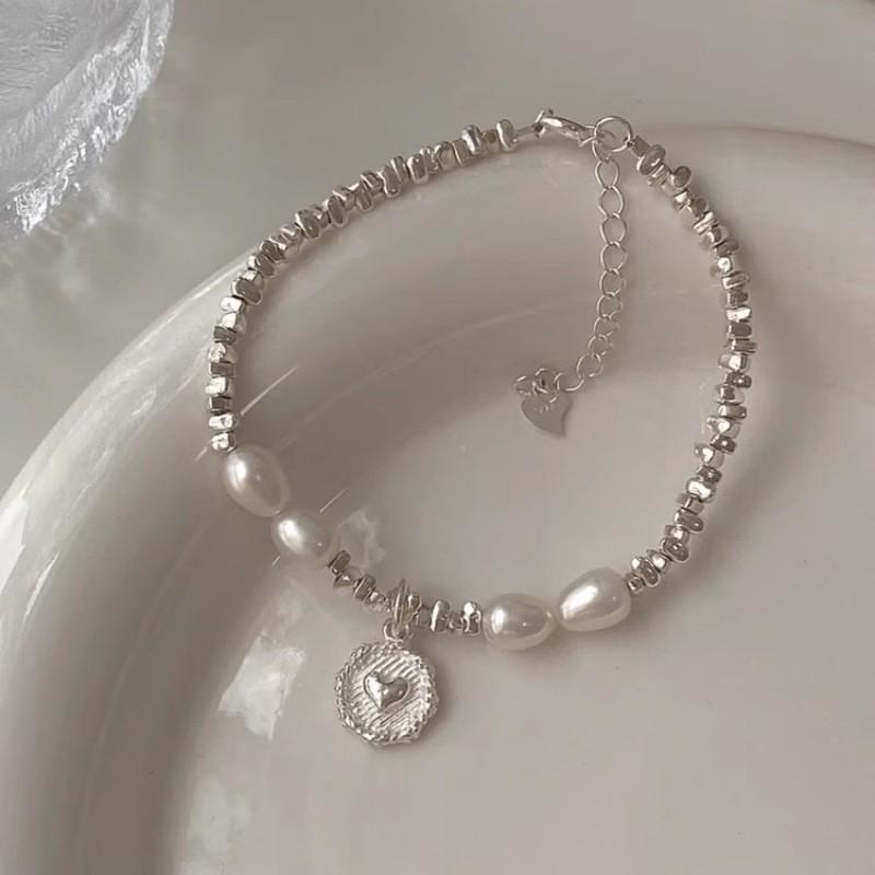 Women's High-End Silver Baroque Pearl Beaded Bracelet with Adjustable Elastic String