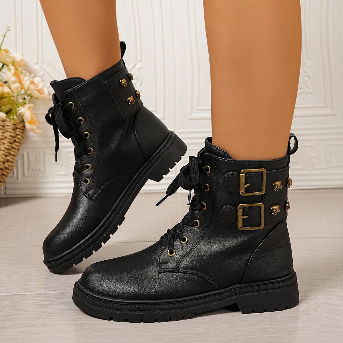 

Women Boots 2026 Fashion Leather Lace-Up Ankle Boots Women Wear-Resistant Platform Bootie Comfortable Round Toe Women Shoes 43 чорний