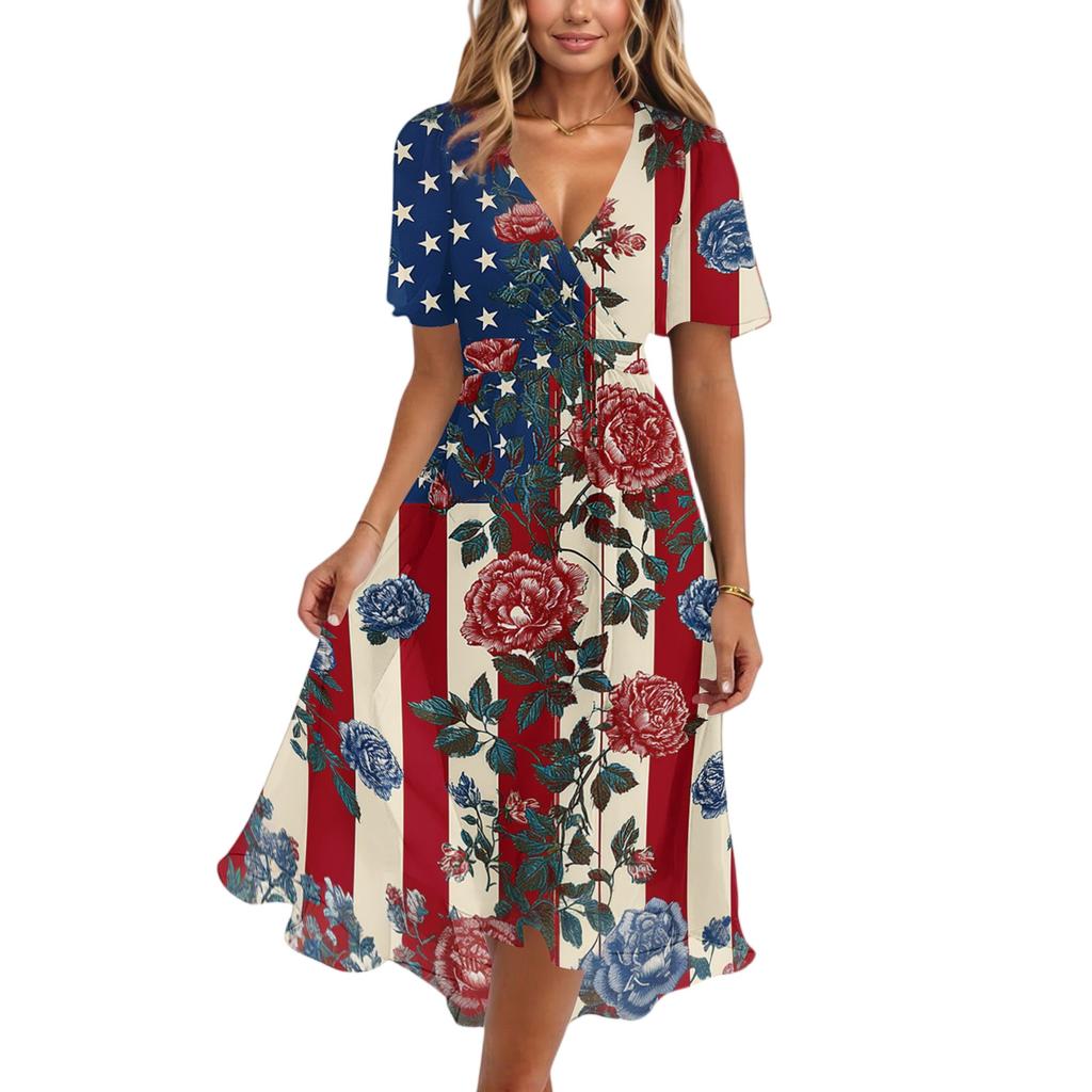 Women's Casual V Neck Short Sleeve Dress with Independence Day Stars and Stripes Print Wrap Style Midi Dress for Summer