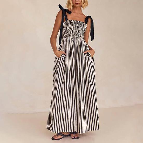 

Женское весеннее платье-комбинация без рукавов с полосатым принтом, облегающее, эластичное, на подтяжках, летнее, повседневное, А-силуэт, высокая талия, большие свободные карманы, длинные платья S-XL XL