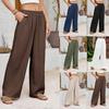 Women High Waist Wide Leg Linen Pants Loose Fit Elastic Waistband Trousers with Pockets for Casual Daily Wear