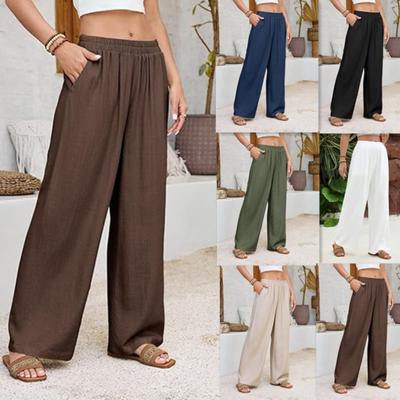 Women High Waist Wide Leg Linen Pants Loose Fit Elastic Waistband Trousers with Pockets for Casual Daily Wear